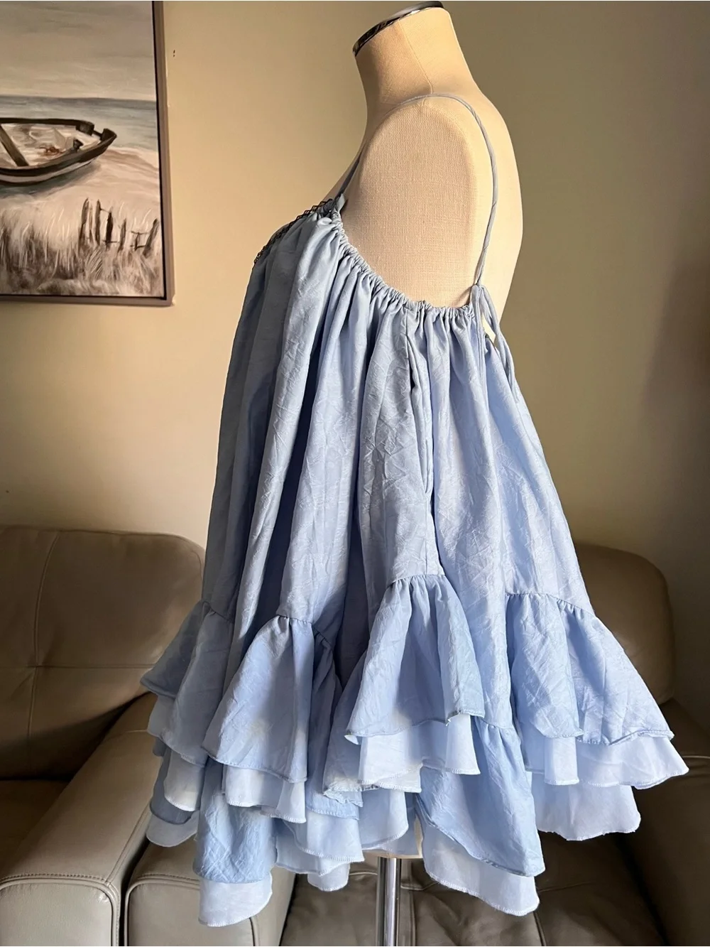 Babydoll Mini Dress Sz M Linen Blend Light Blue Ruffle Spaghetti Strap Angelic_9